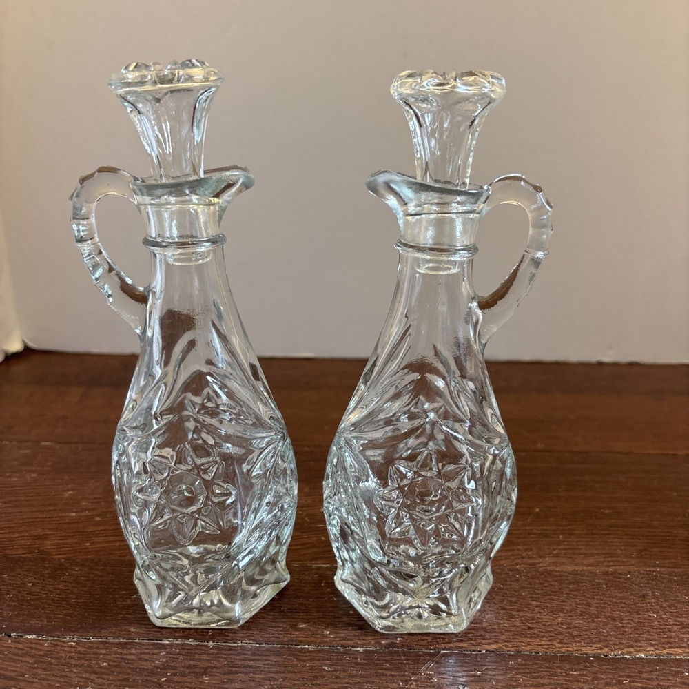 2 Set Anchor Hocking Glass Early American Prescut Star Vinegar Bottle Cruet - Picture 2 of 6